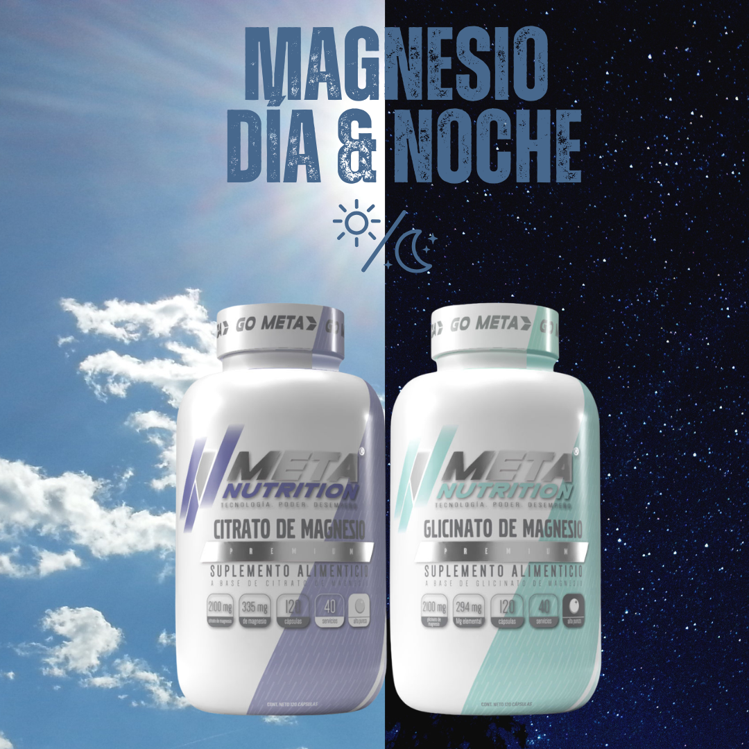 Pack Magnesio Día & Noche Meta Nutrition | Citrato 120 caps + Bisglicinato 120 caps | 40 Servicios c/u