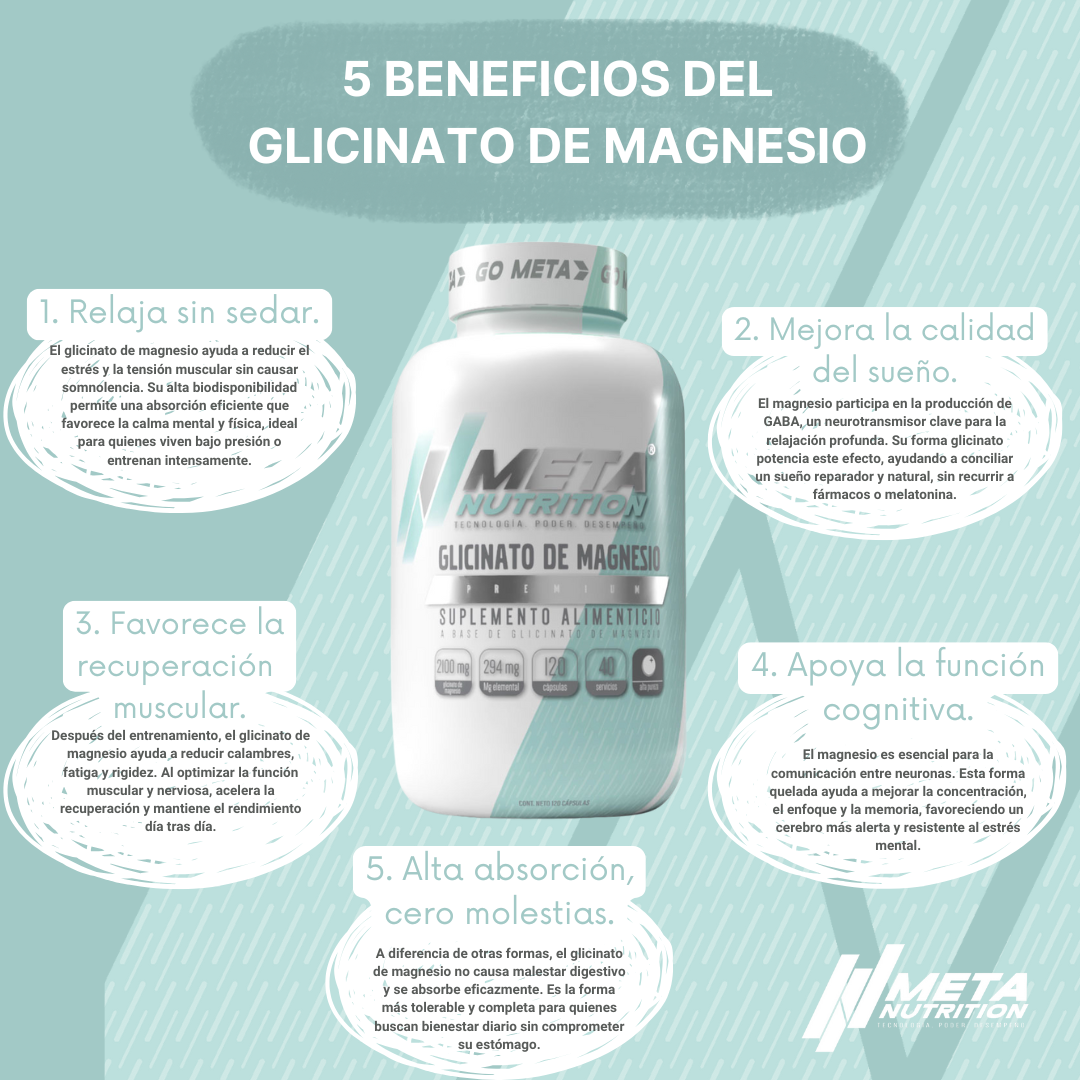 Bisglicinato de Magnesio Premium Meta Nutrition | 120 Caps, 40 servicios.