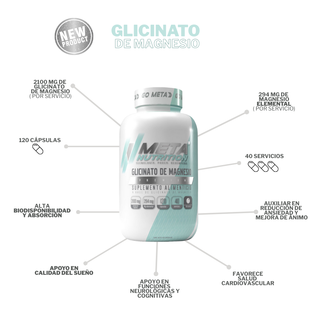 Bisglicinato de Magnesio Premium Meta Nutrition | 120 Caps, 40 servicios.