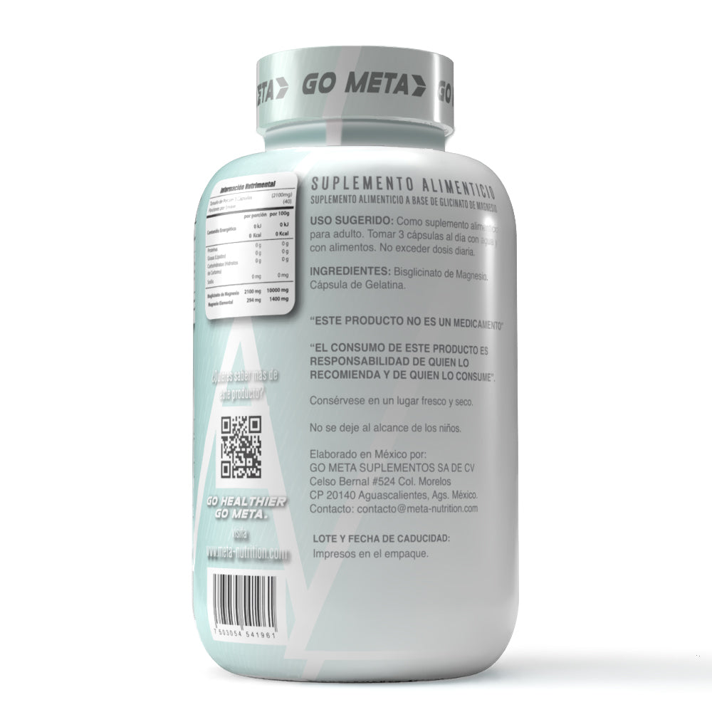 Bisglicinato de Magnesio Premium Meta Nutrition | 120 Caps, 40 servicios.