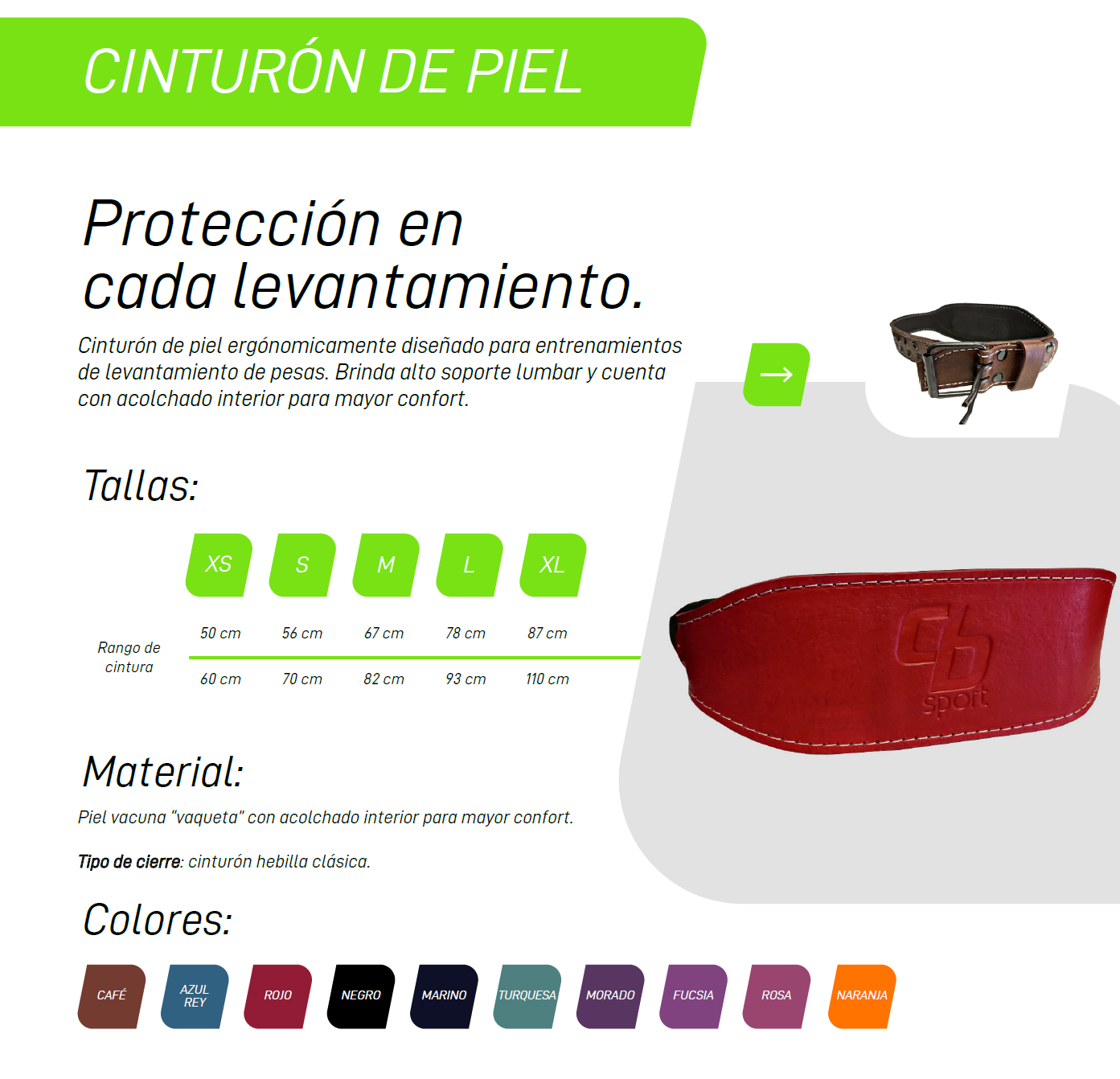Cinturón de Piel para Gym CB Sport | Hecho a Mano en México | Piel de Vaqueta 6mm | 5 Tallas | 10 Colores