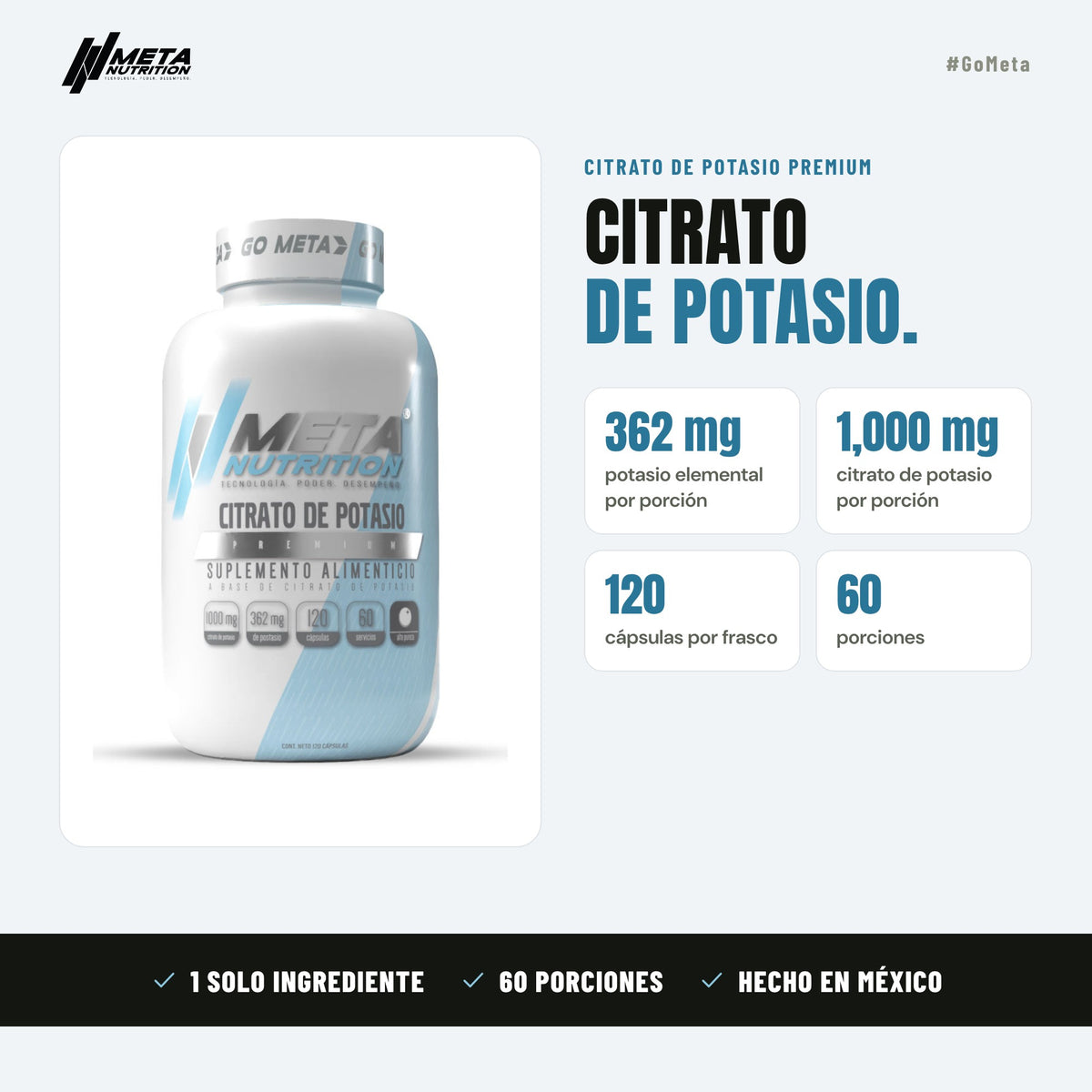 Citrato de Potasio Premium, 120 caps, 40 servicios.