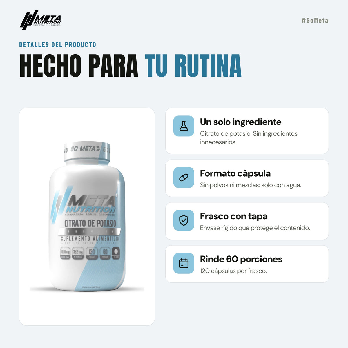 Citrato de Potasio Premium, 120 caps, 40 servicios.