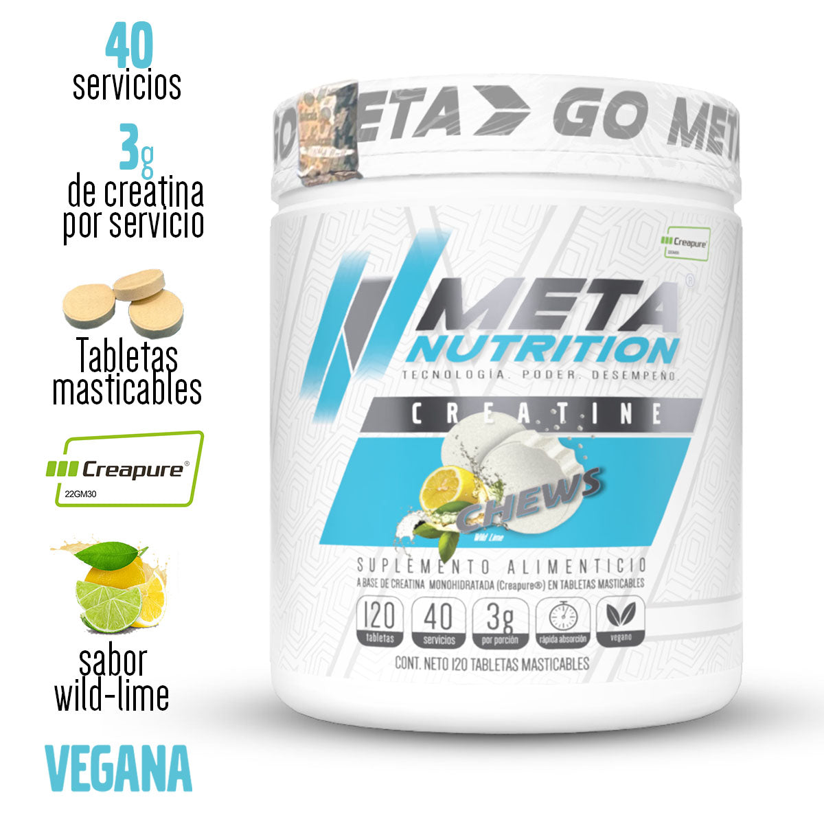 Creatine Chews Creapure® – Creatina Alemana Masticable Sabor Wild Lime (120 Tabletas) | Meta Nutrition