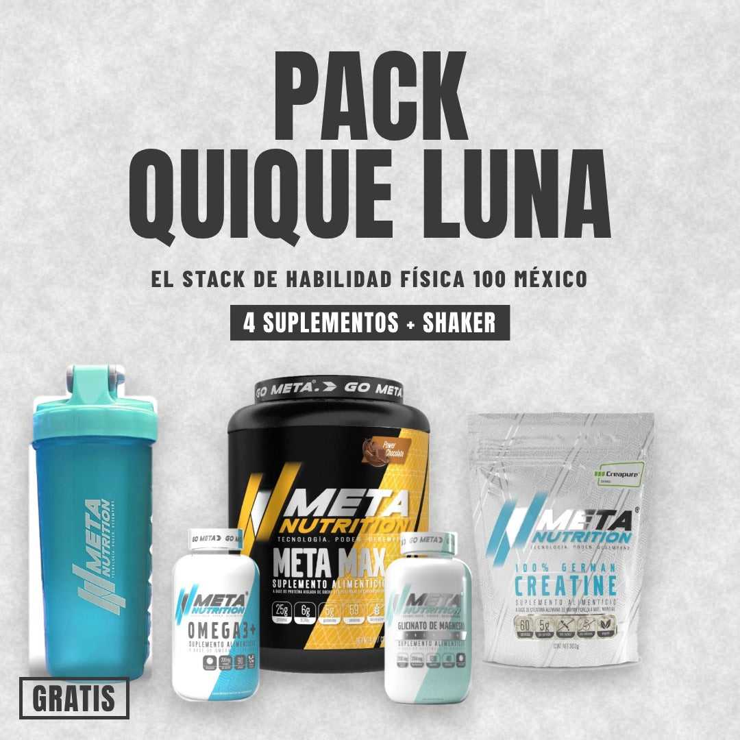 PACK QUIQUE LUNA | Proteína Meta Max 4 lb + Creatina Creapure® 300 g + Omega 3+ + Glicinato de Magnesio + Shaker con Pastillero GRATIS