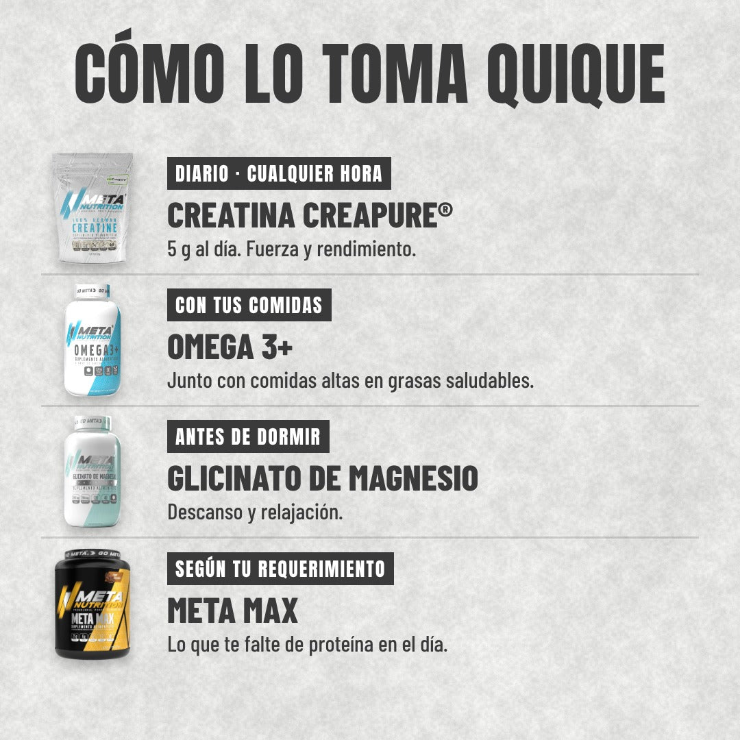 PACK QUIQUE LUNA | Proteína Meta Max 4 lb + Creatina Creapure® 300 g + Omega 3+ + Glicinato de Magnesio + Shaker con Pastillero GRATIS