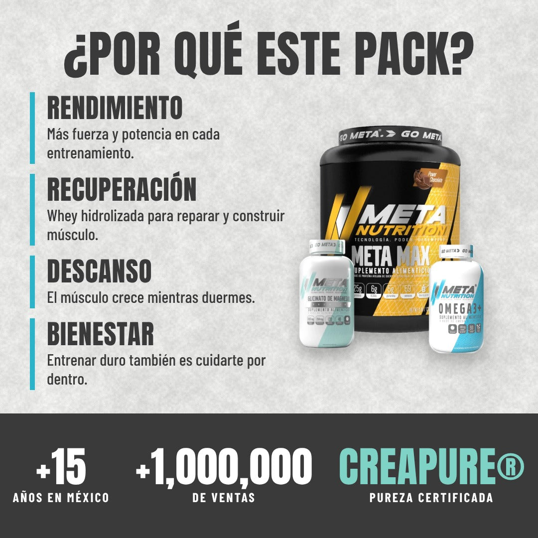 PACK QUIQUE LUNA | Proteína Meta Max 4 lb + Creatina Creapure® 300 g + Omega 3+ + Glicinato de Magnesio + Shaker con Pastillero GRATIS