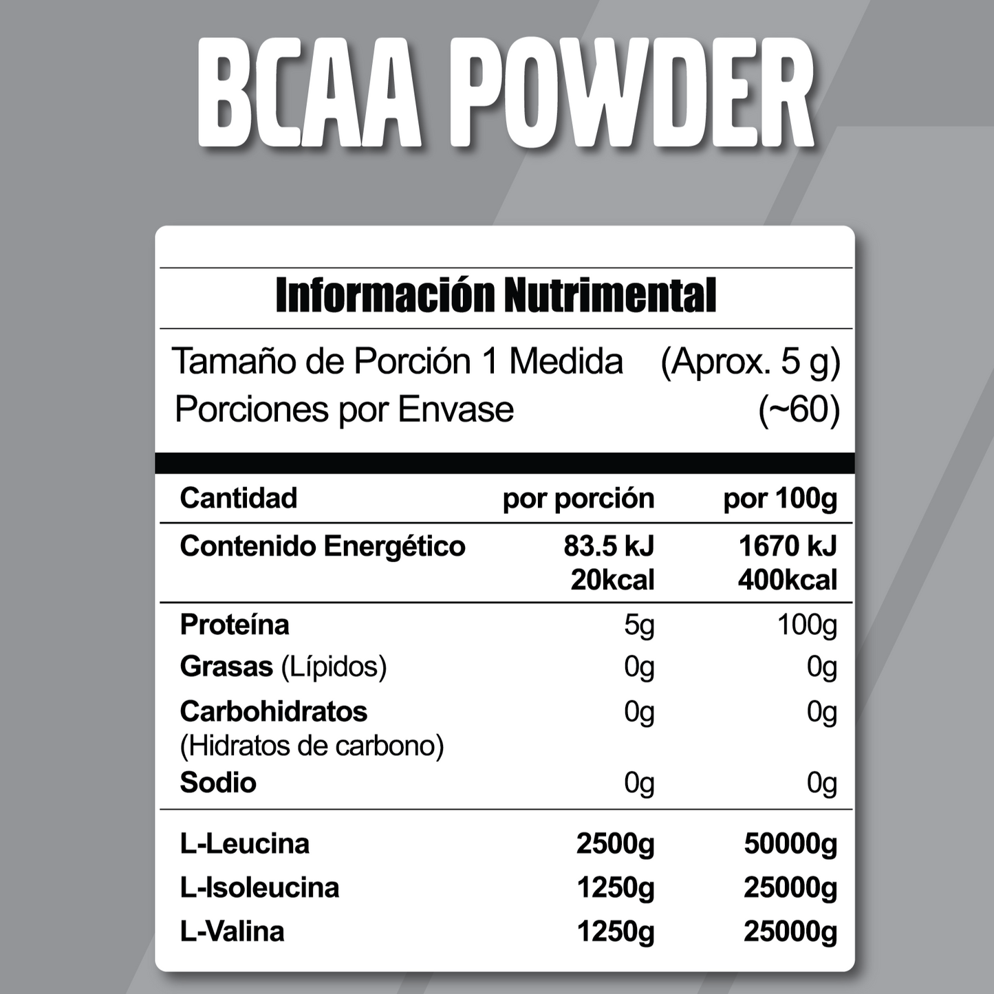 BCAA Powder Meta Nutrition | BCAAs de  Alta Pureza, sin sabor 60 servicios.