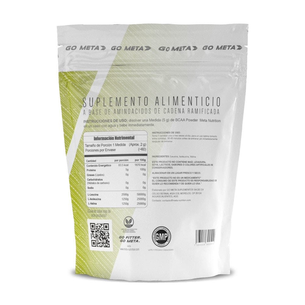 BCAA Powder Meta Nutrition | BCAAs de  Alta Pureza, sin sabor 60 servicios.