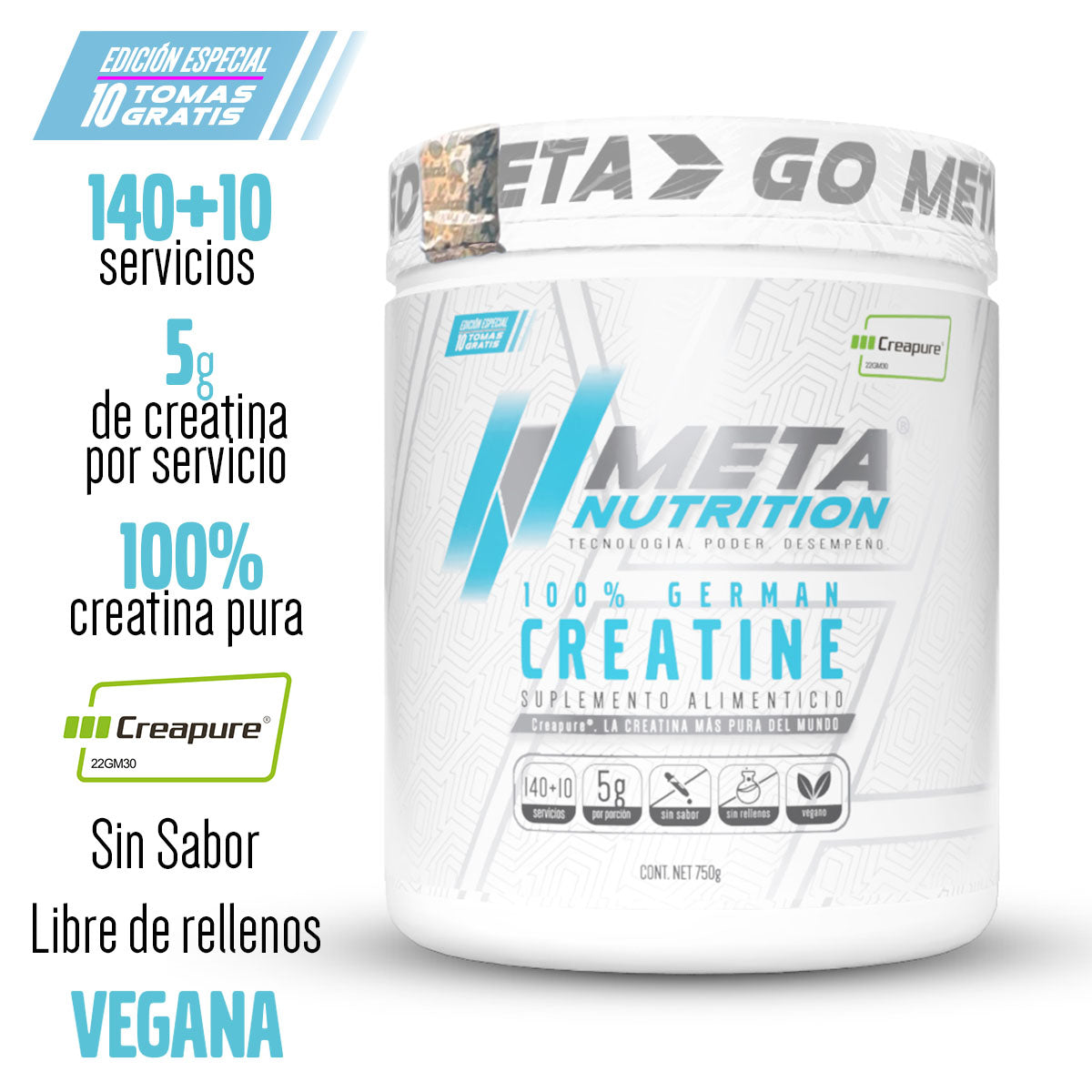 100% German Creatine Creapure® | Meta Nutrition | Pureza Certificada | 150 Servicios