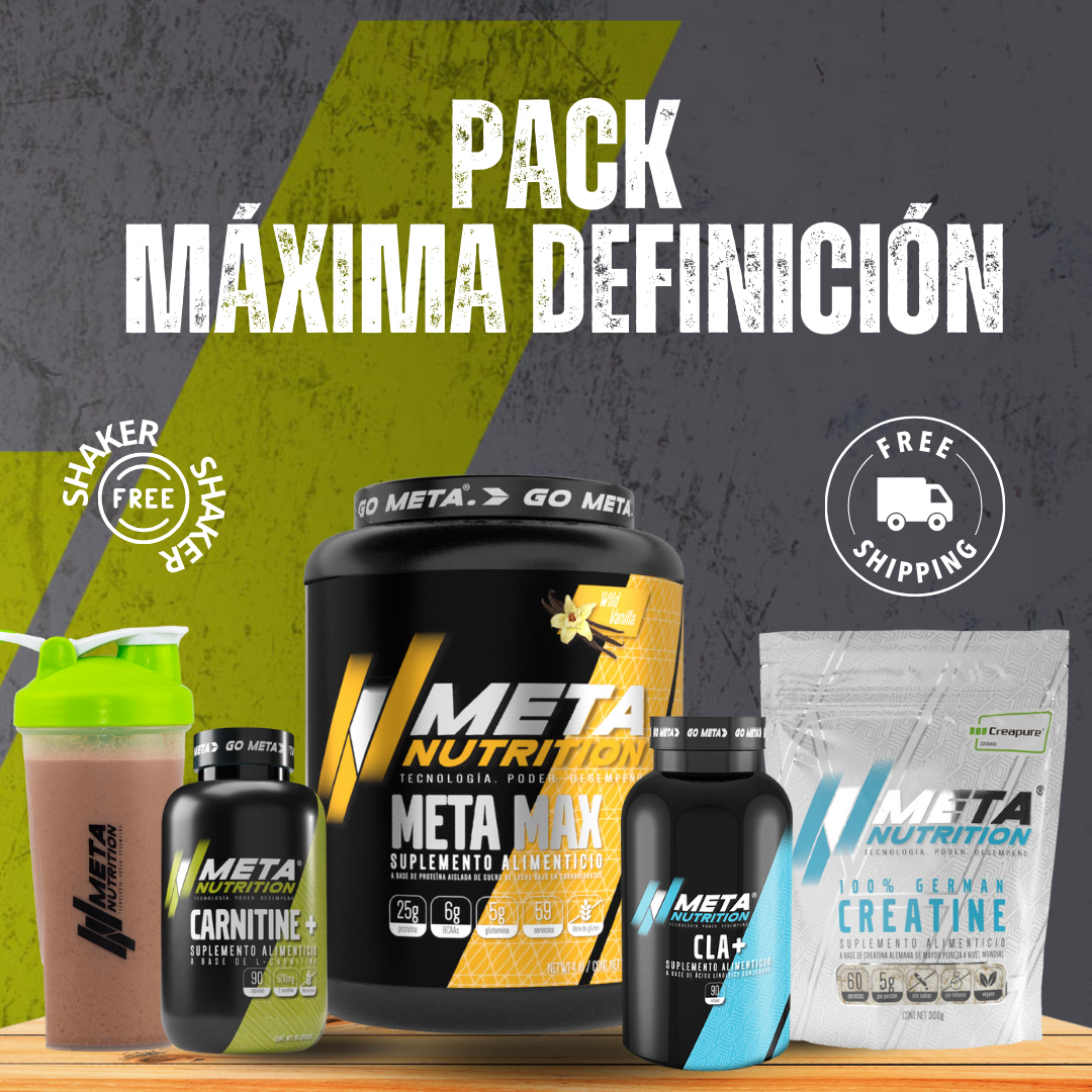 PACK DEFINICIÓN: Proteína Meta Max Isolate + Creatina + CLA + Carnitina con Shaker GRATIS.