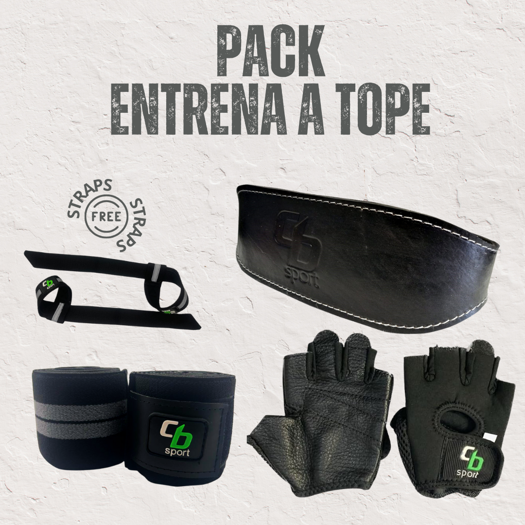 PACK ENTRENA A TOPE: Guantes Deportivos de Piel + Faja de Piel + Rodilleras + STRAPS GRATIS