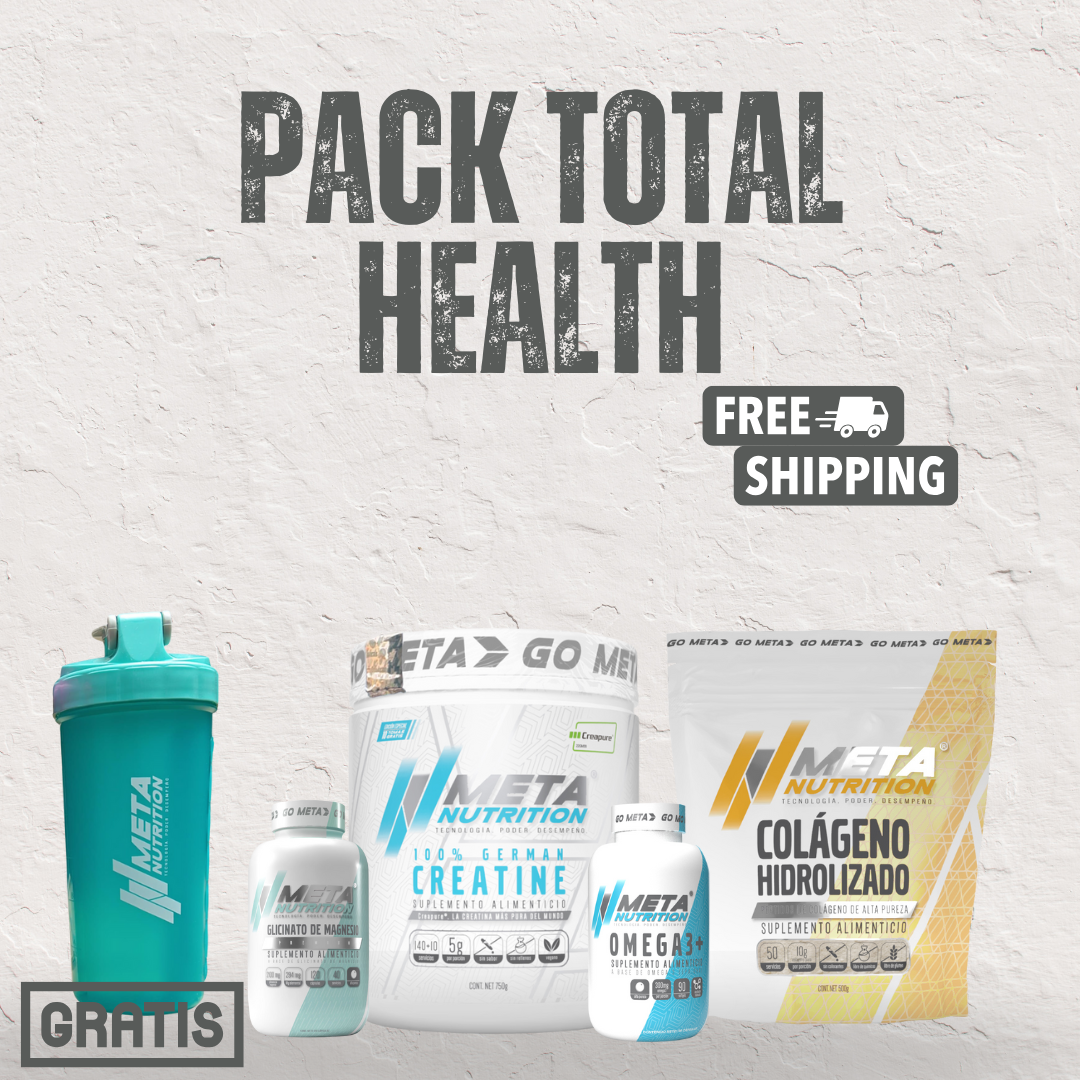 PACK TOTAL HEALTH: Colágeno Hidrolizado + Creapure 750g + Omega 3 + Glicinato de Mg + Shaker pastillero GRATIS.