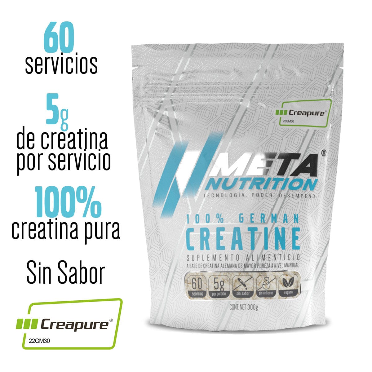 100% German Creatine Meta Nutrition- Made of Creapure®, 60 servicios.