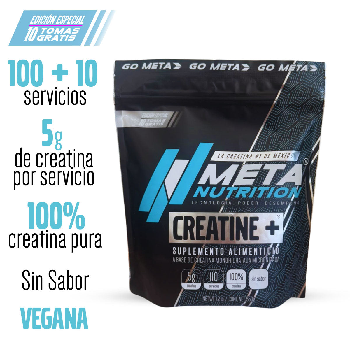 Creatina Monohidratada Micronizada – 100 Servicios + 10 GRATIS | Meta Nutrition.