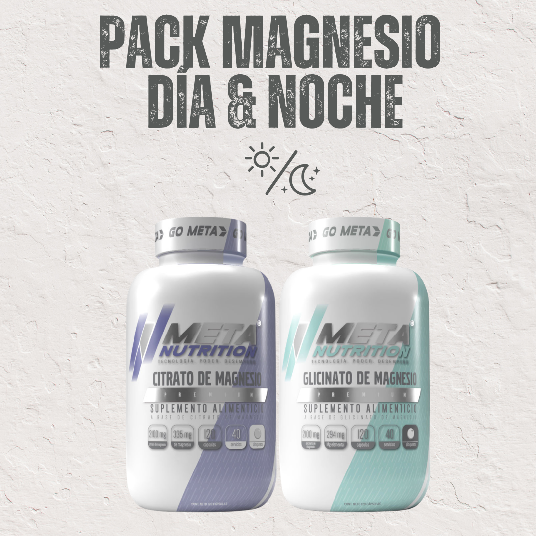 Pack Magnesio Día & Noche Meta Nutrition | Citrato 120 caps + Bisglicinato 120 caps | 40 Servicios c/u