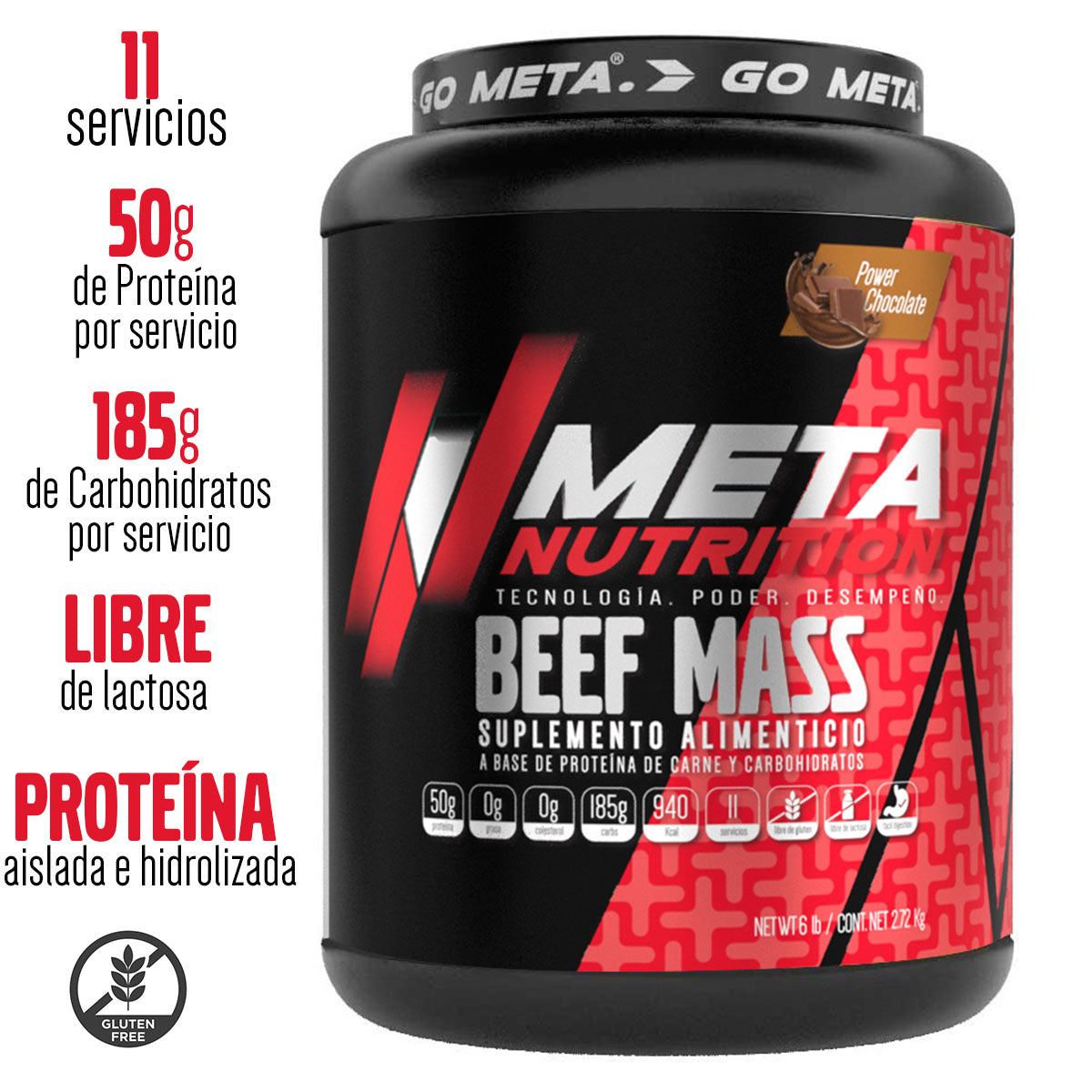 Beef Mass Meta Nutrition | Fórmula de proteínas y carbohidratos  a base de proteína de Carne. 6lb