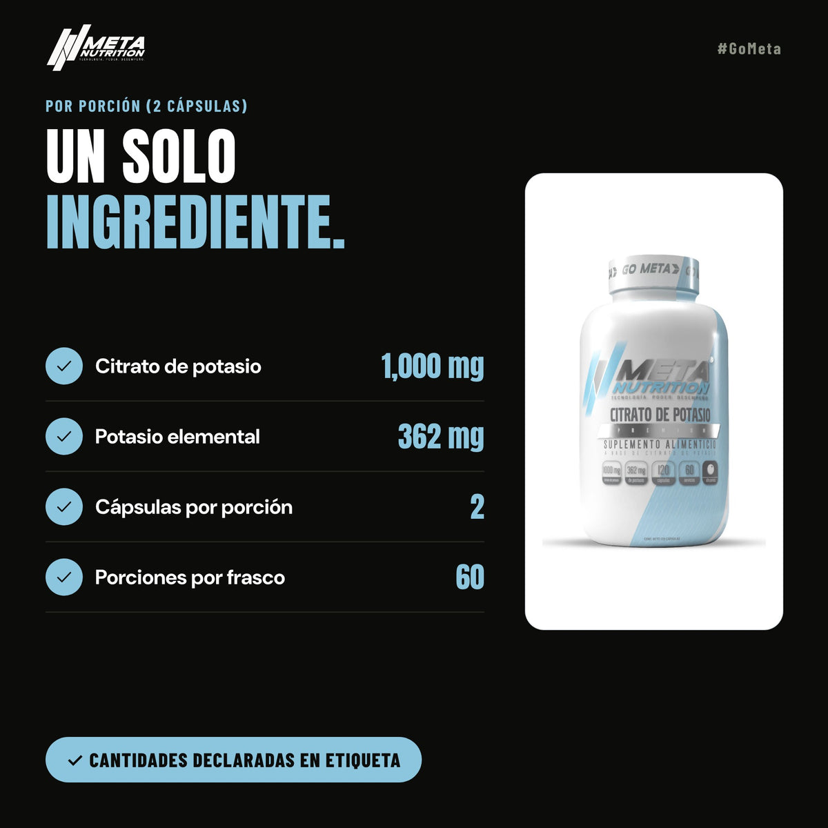 Citrato de Potasio Premium, 120 caps, 40 servicios.