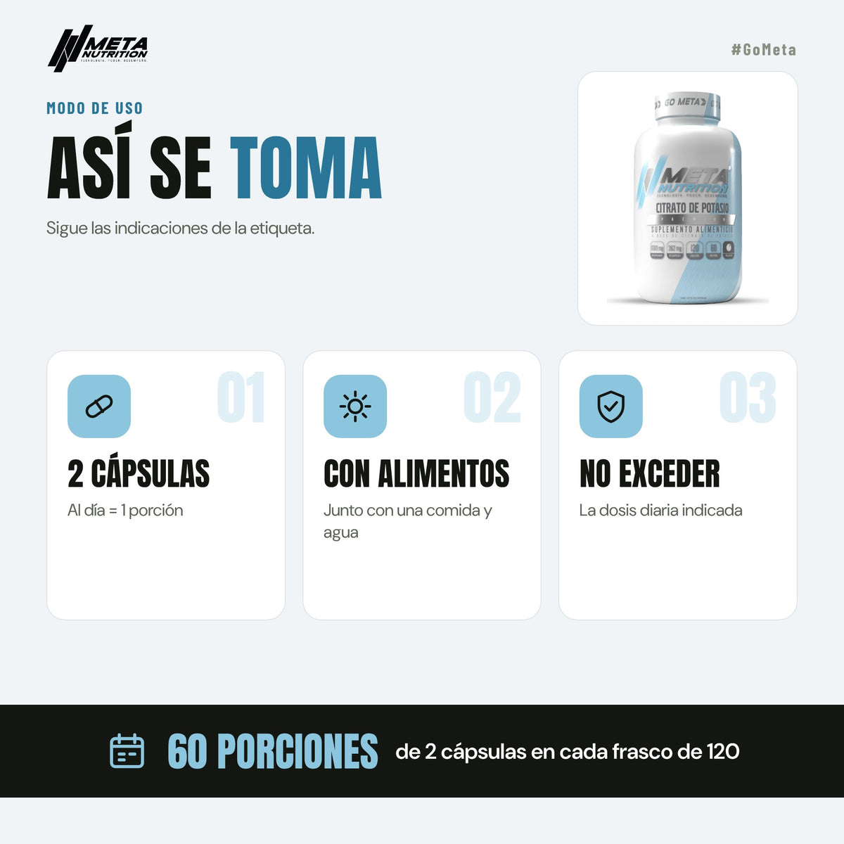 Citrato de Potasio Premium, 120 caps, 40 servicios.