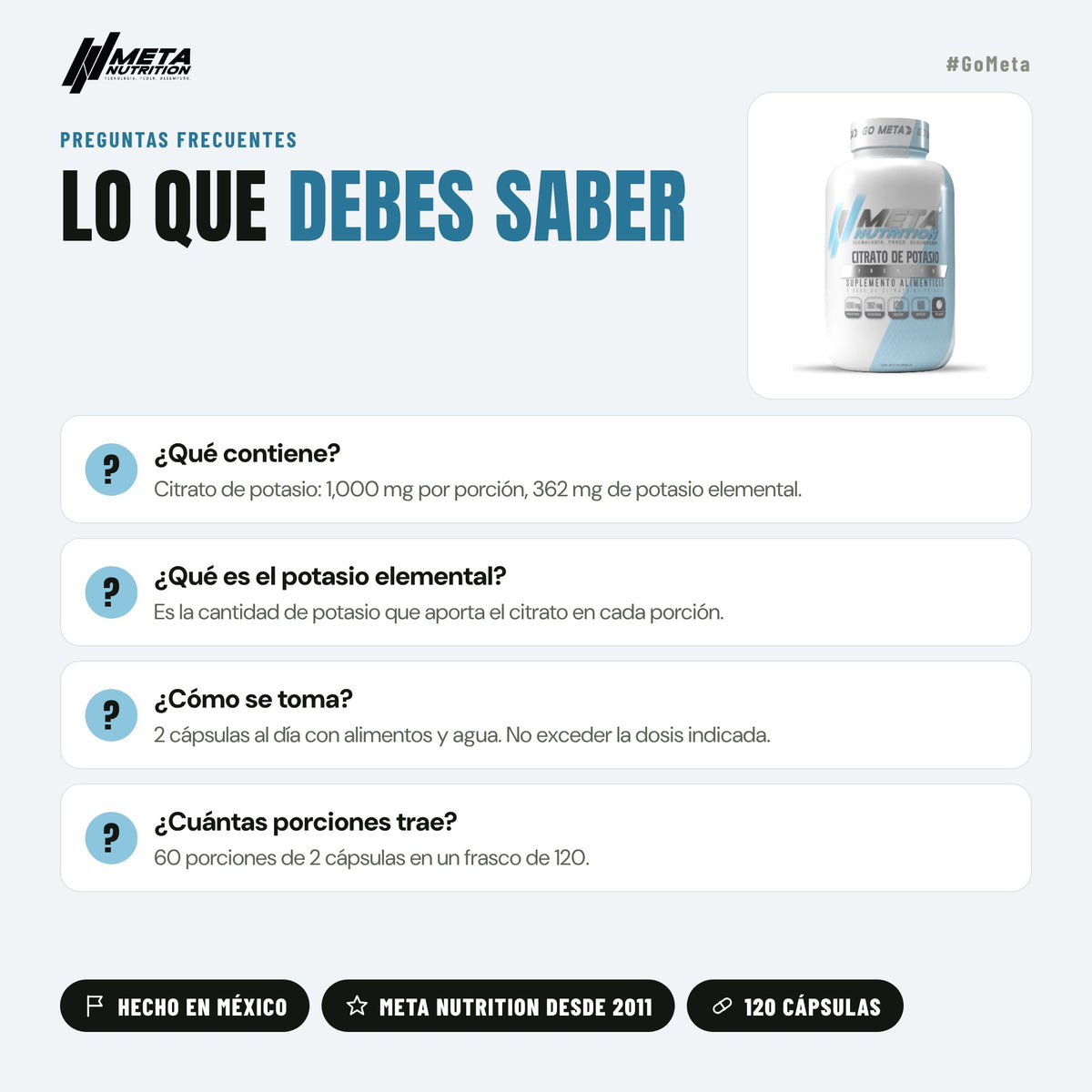 Citrato de Potasio Premium, 120 caps, 40 servicios.