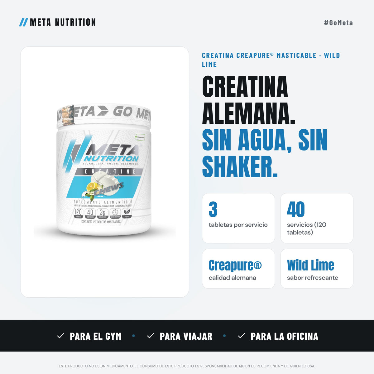 Creatine Chews Creapure® – Creatina Alemana Masticable Sabor Wild Lime (120 Tabletas) | Meta Nutrition