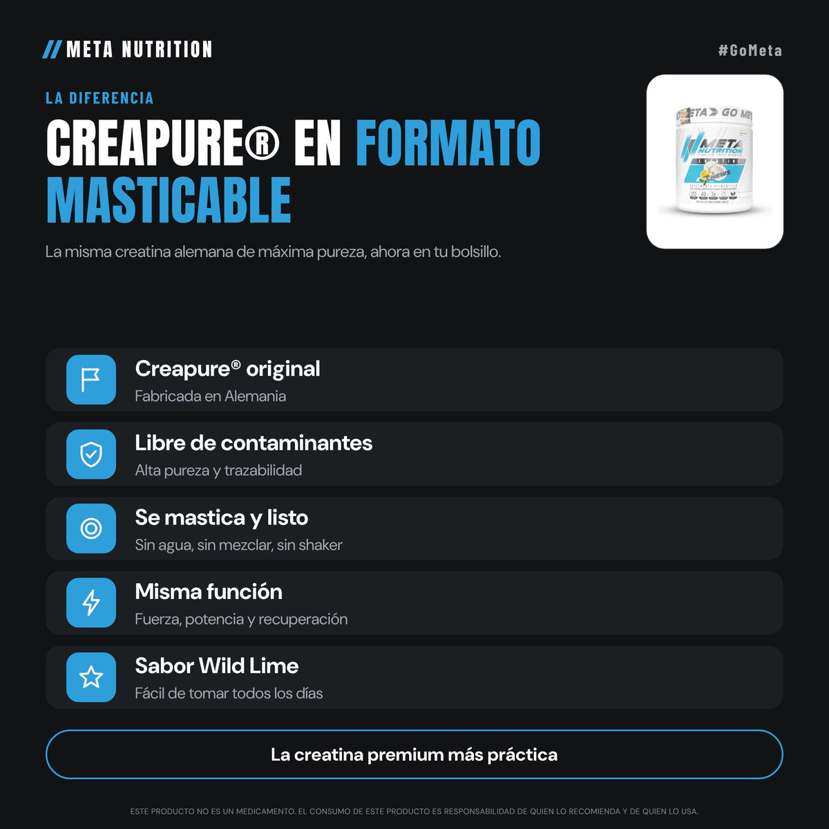 Creatine Chews Creapure® – Creatina Alemana Masticable Sabor Wild Lime (120 Tabletas) | Meta Nutrition