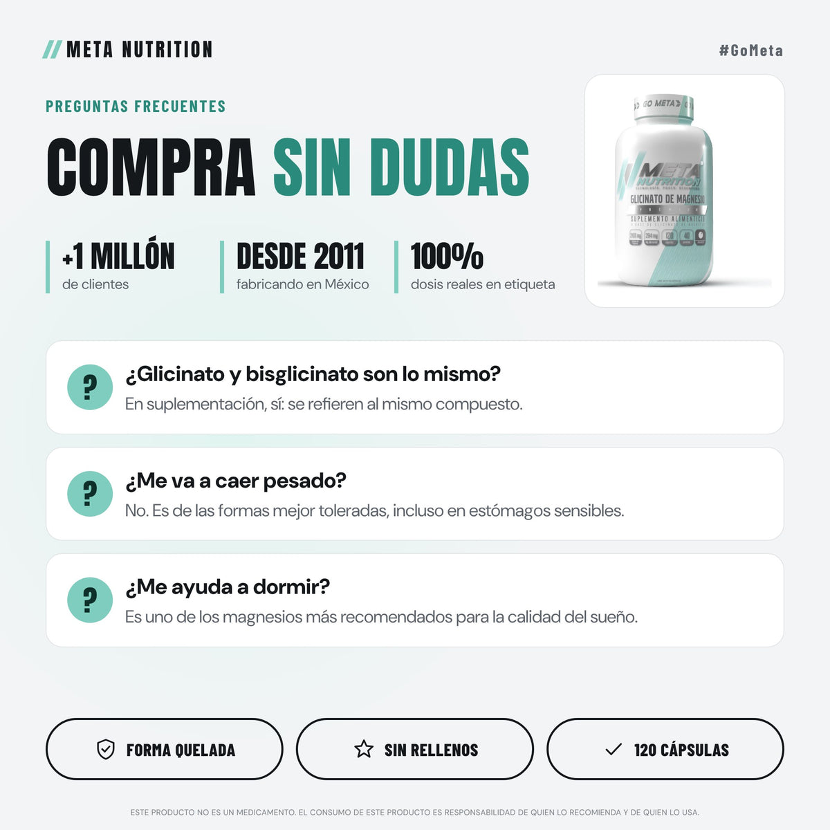 Glicinato de Magnesio Premium  | 120 Caps, 40 servicios.