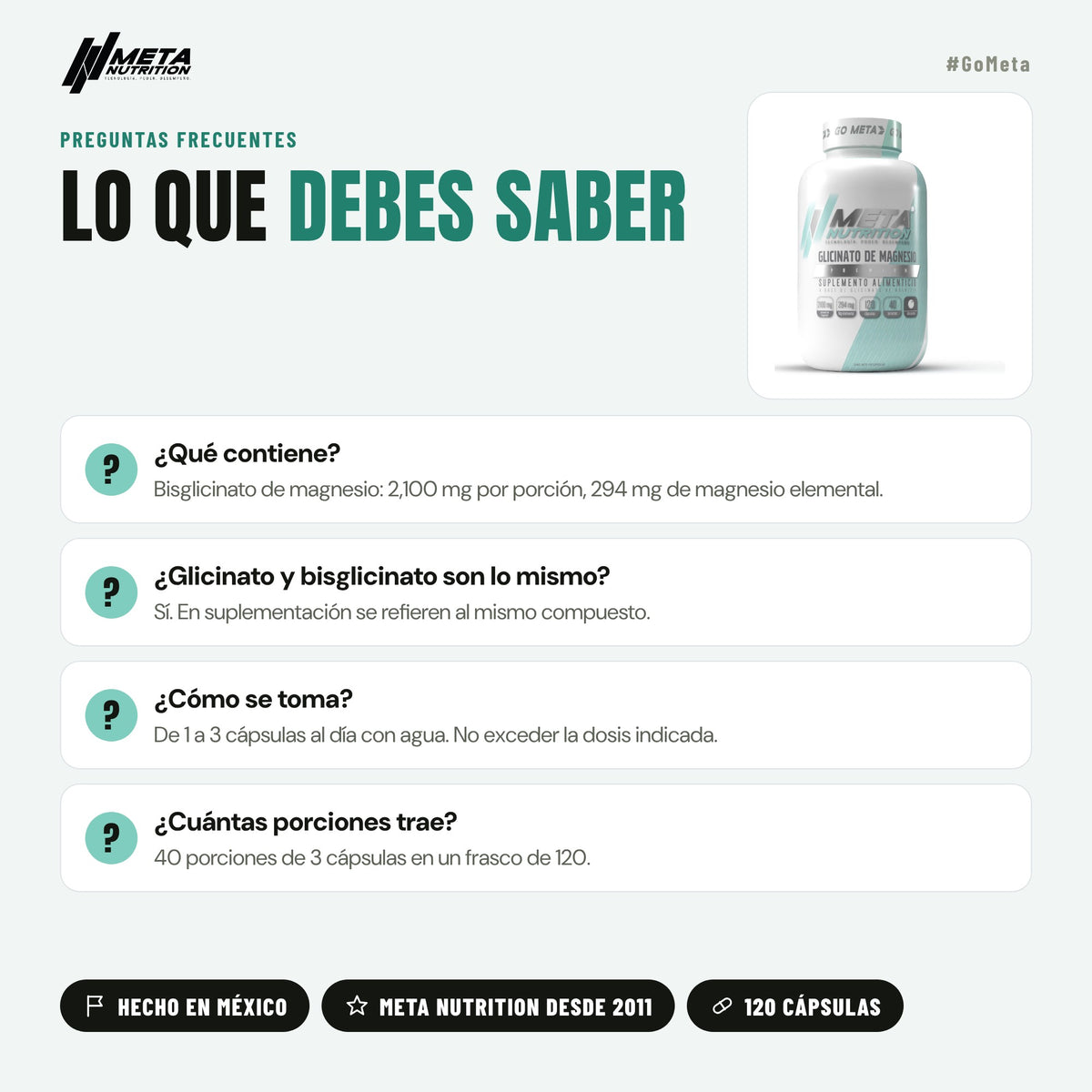 Glicinato de Magnesio Premium  | 120 Caps, 40 servicios.