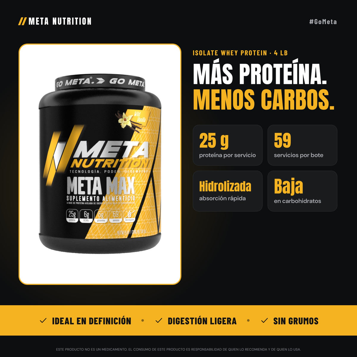 Meta Max Meta Nutrition | Isolate Whey Protein, 59 servicios, 4lb
