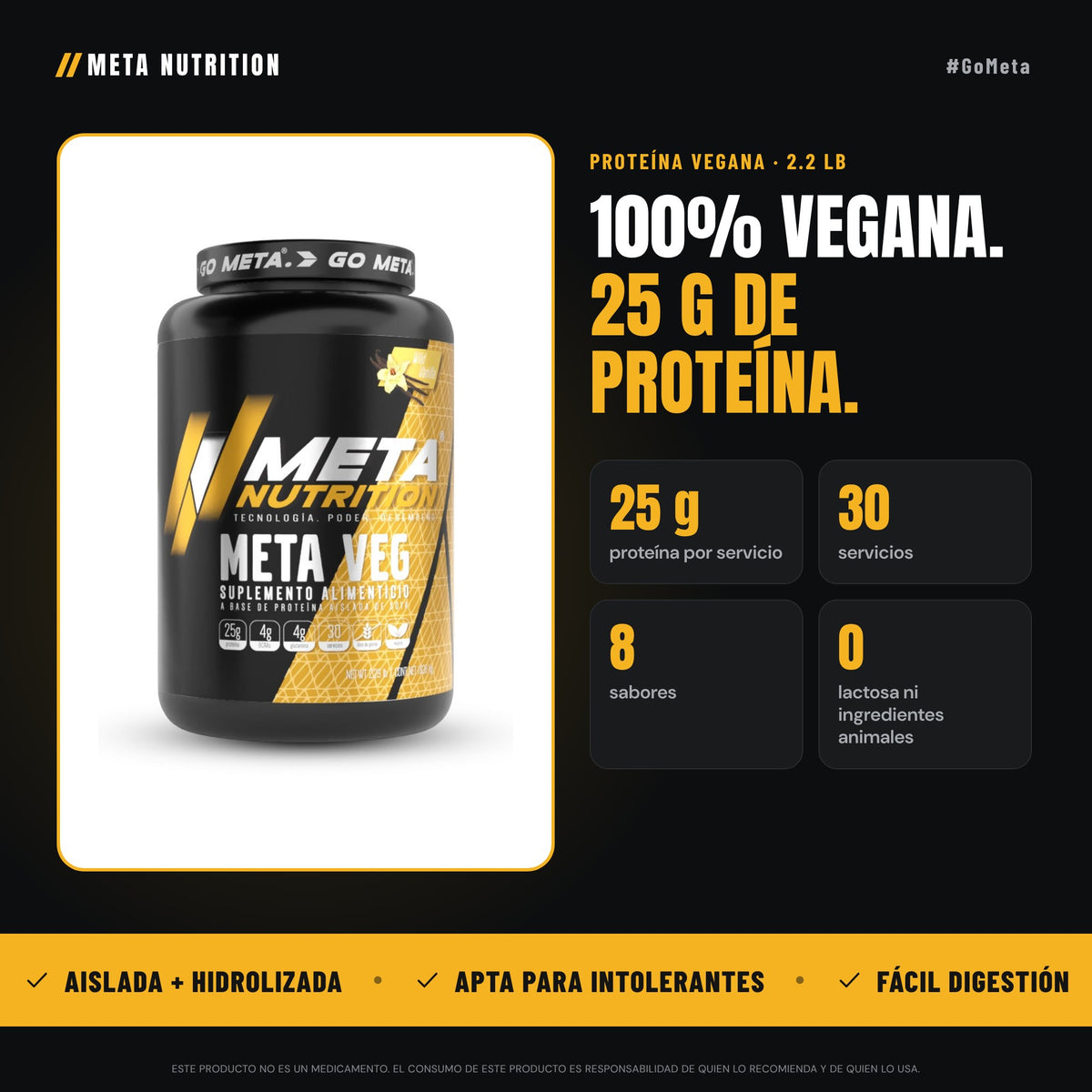 Meta Veg | Proteína Vegana Aislada e Hidrolizada, 2.29 lb 30 servicios