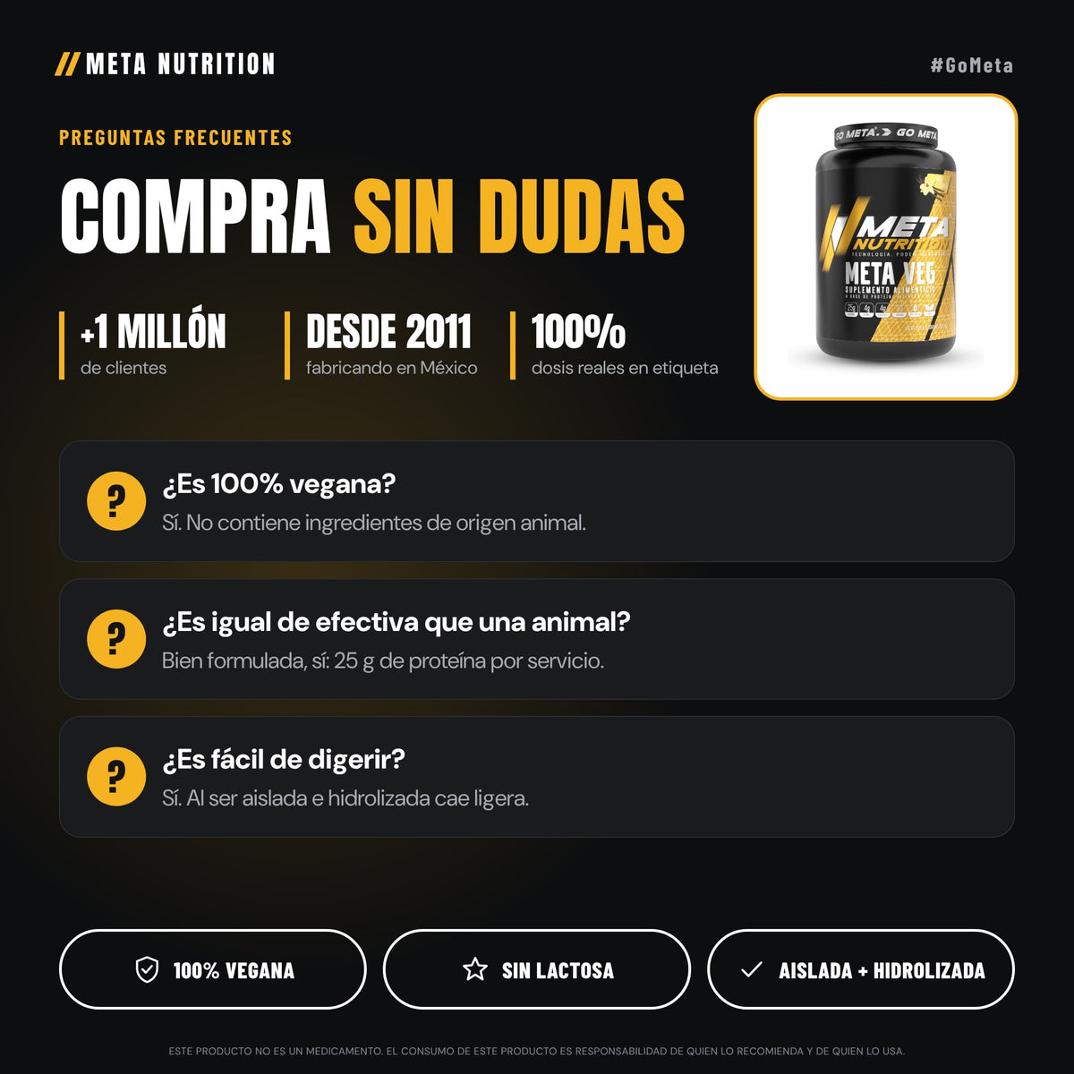 Meta Veg | Proteína Vegana Aislada e Hidrolizada, 2.29 lb 30 servicios