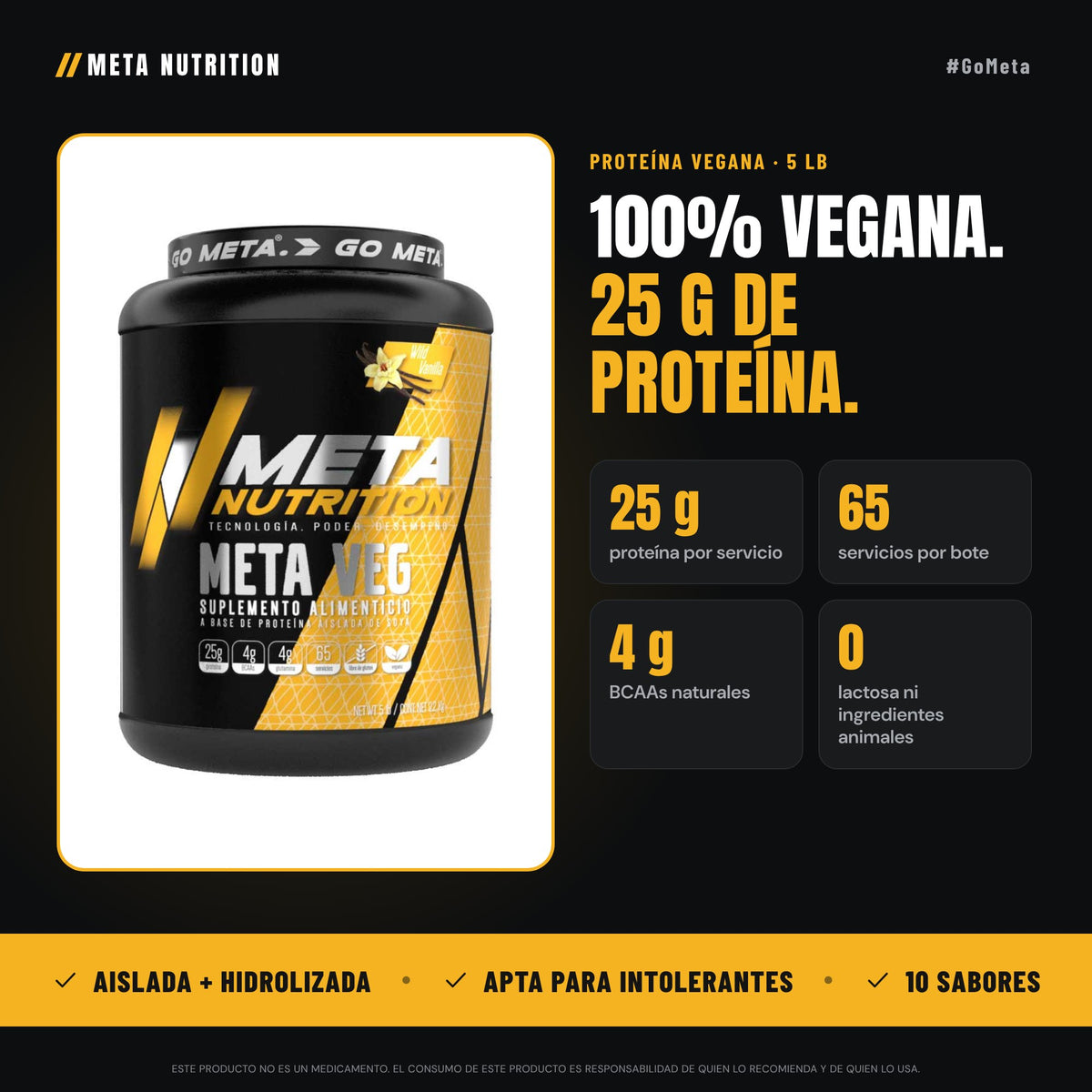 Meta Veg | Proteína Vegana aislada e hidrolizada, 5 lb, 65 servicios.