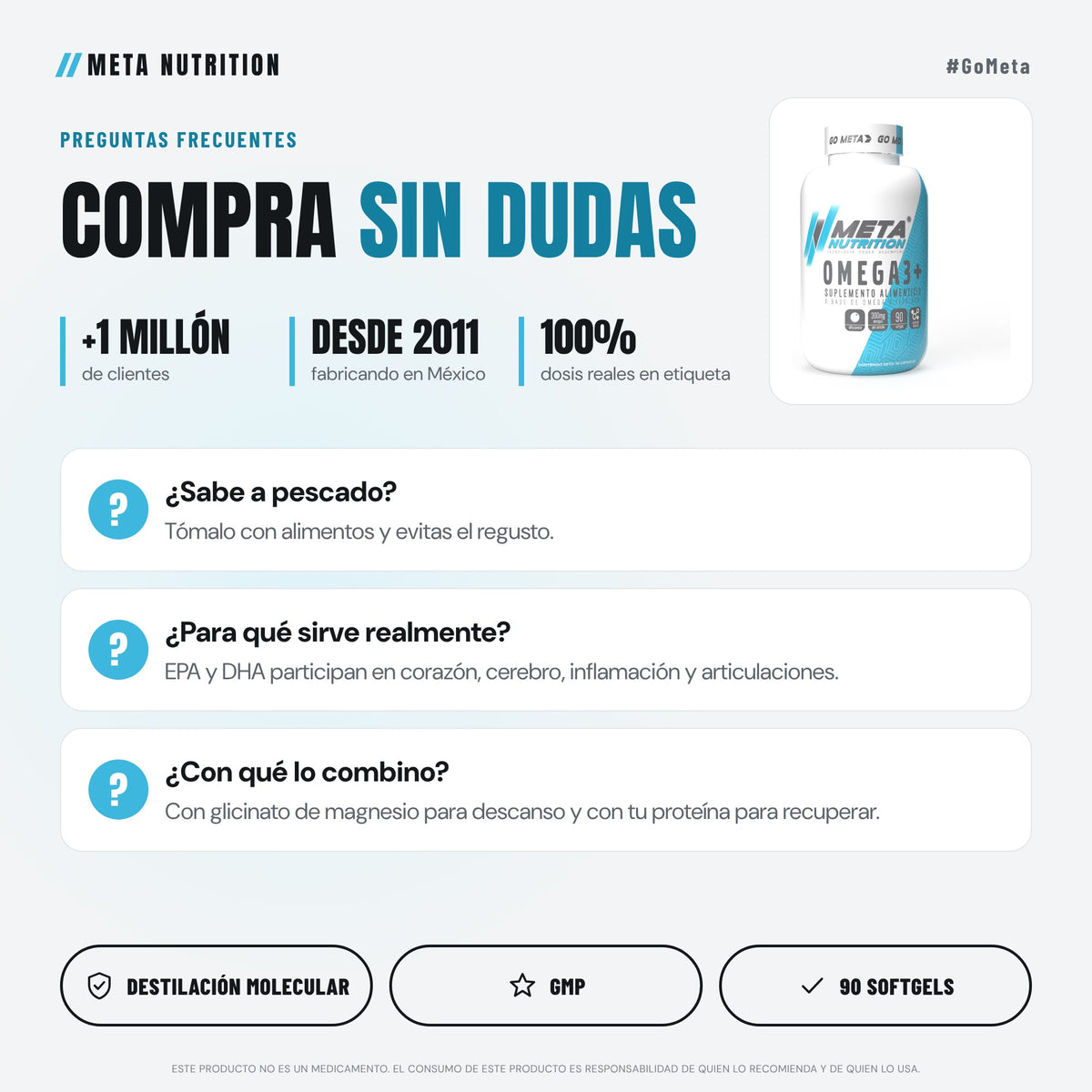 Omega 3+ | Alta Pureza EPA y DHA | 90 Softgels | Destilación Molecular