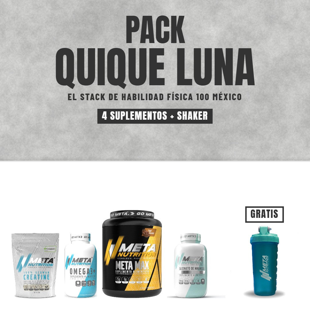 Pack Quique Luna: Meta Max, Creapure, Omega 3 y glicinato de magnesio con shaker pastillero gratis