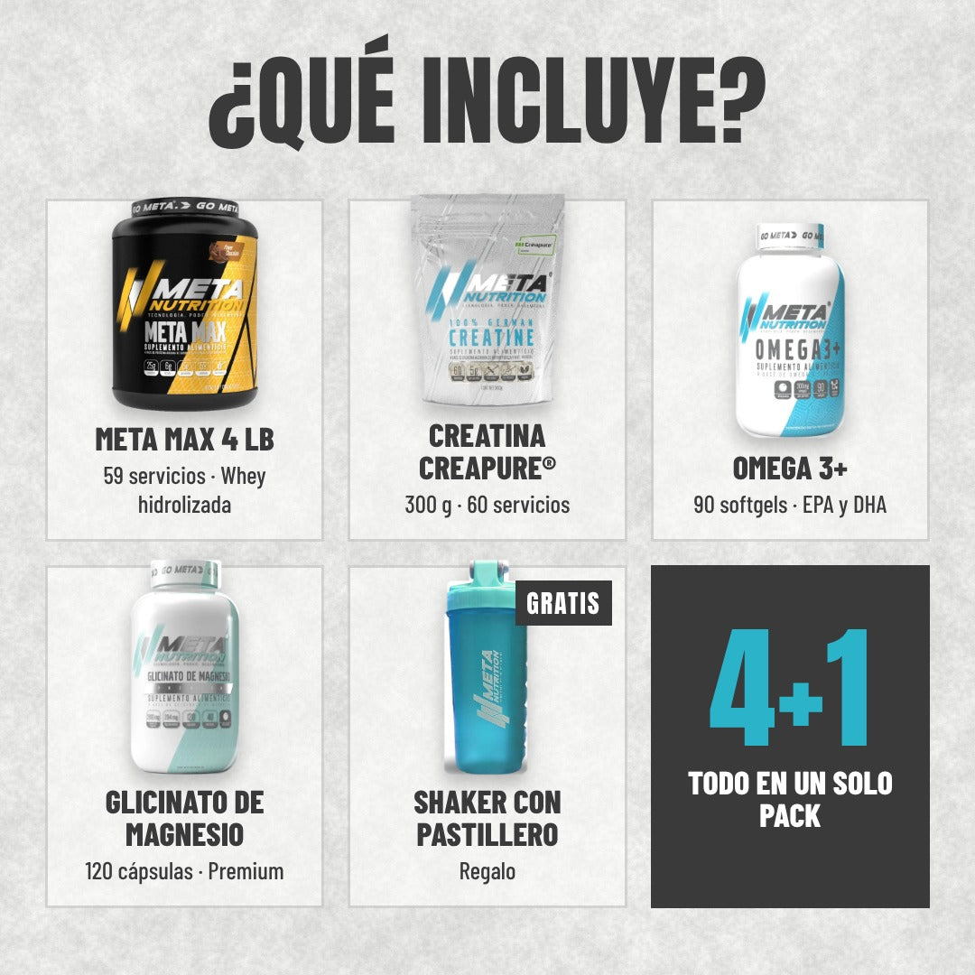 PACK QUIQUE LUNA | Proteína Meta Max 4 lb + Creatina Creapure® 300 g + Omega 3+ + Glicinato de Magnesio + Shaker con Pastillero GRATIS