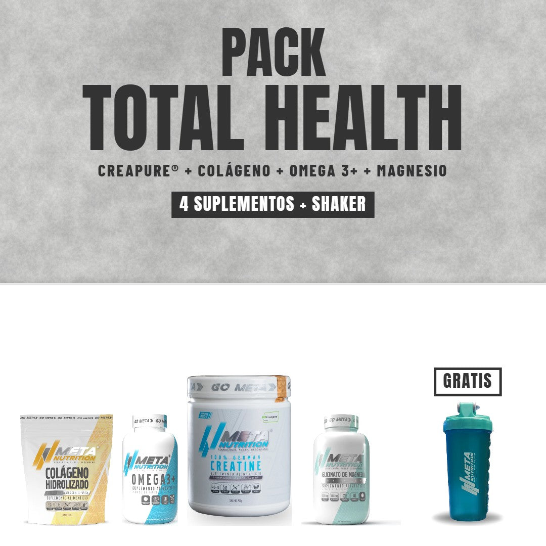 Pack Total Health: Creapure, colágeno, Omega 3 y glicinato de magnesio con shaker pastillero gratis