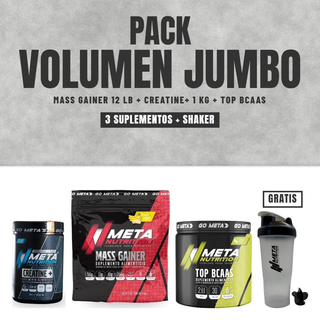 Pack Volumen Jumbo: Mass Gainer 12 lb, Creatine+ 1 kg y Top BCAAs con shaker gratis
